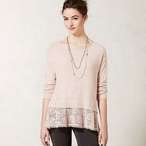 Knitted and knotted anthropology blush pink lace sweater, size M